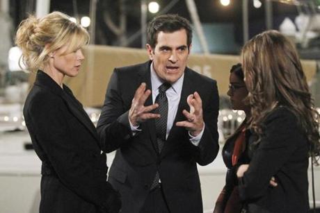 This image released by ABC shows, from left, Julie Bowen, Ty Burrell, Ariel Winter and Sarah Hyland in a scene from 